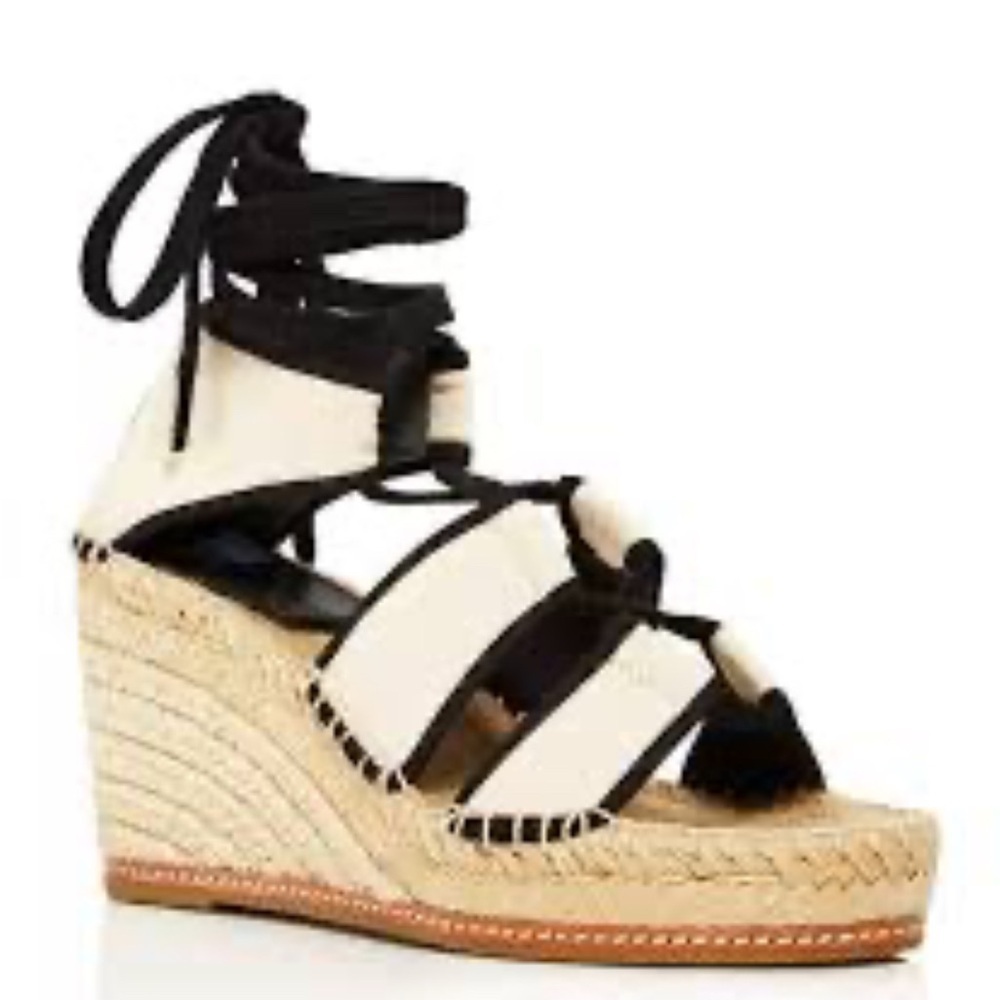 Tory Burch Black and Cream Espadrille Wedge Sandals
